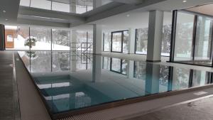a pool in the middle of a building with windows at Ferienwohnung am Schluchsee mit Balkon & Pool in Schluchsee