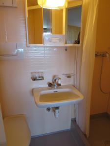 ein Bad mit einem Waschbecken und einem Spiegel in der Unterkunft Gasthof Bären in Habkern