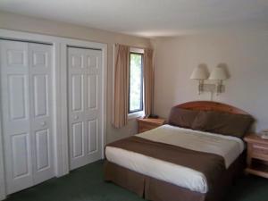 ein Hotelzimmer mit einem Bett und einem Fenster in der Unterkunft Waterwood Townhouses, a VRI resort in New Bern