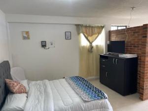 - une chambre avec un lit et une télévision dans l'établissement Tocancipa Hotel THEMIS, à Tocancipá