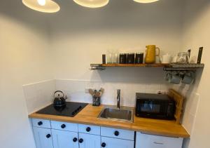 a kitchen with a sink and a microwave at Minimoore Lodge. Perfect for walkers, cyclists and surfers. in Scorrier