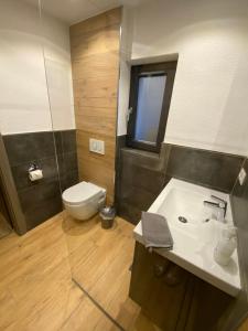ein Bad mit einem Waschbecken und einem WC in der Unterkunft Gästezimmer Melina am Nürburgring in Adenau