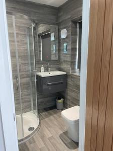a bathroom with a shower and a toilet and a sink at Pen Mar Guest House in Tenby