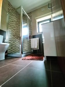 een badkamer met een douche, een toilet en een wastafel bij Casa Grilo in Geres