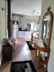 een woonkamer met een keuken en een spiegel bij Casa Grilo in Geres
