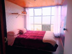 a bedroom with a bed with a large window at Cabaña del Colibri, la Guacamaya y la Mariposa in Sopo