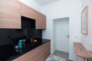 Petit luxe Apartment في فيينا: مطبخ مع كونتر أسود توب ودواليب خشبية
