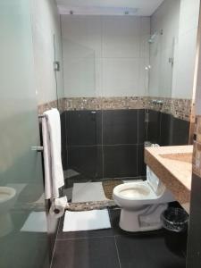 a bathroom with a toilet and a glass shower at Hotel Las Américas in Morelia