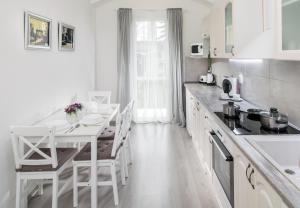 a white kitchen with a white table and chairs at Apartmán U Pramene in Františkovy Lázně