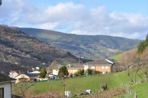 een dorp met huizen en bergen op de achtergrond bij El Mirador De Limes in Cangas del Narcea