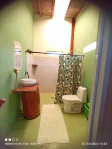 a green bathroom with a toilet and a shower at Mi Cabaña El Maderal in Capurganá
