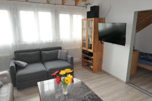 Una sala de estar con un sofá y una mesa con flores. en Bodensee Loge, en Radolfzell am Bodensee
