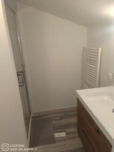 a bathroom with a white sink and a shower at Charmante maison a la ferme in Bonnes +16 photos