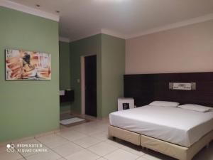 1 dormitorio con 1 cama y paredes verdes en Movie Inn Motel e Hospedagem en Ribeirão Preto