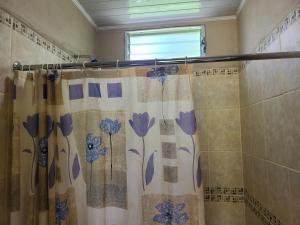 a shower curtain with blue flowers on it in a bathroom at Sophie House in Moyogalpa