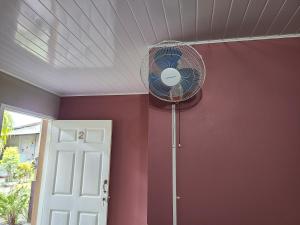 a fan in a room with a red wall at Sophie House in Moyogalpa