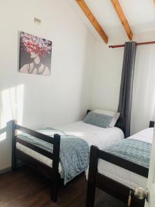 a bedroom with two beds and a picture on the wall at Hostal Uruz in Coihaique