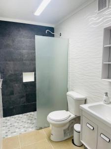 a bathroom with a toilet and a shower at Holly Bunker in Yabucoa