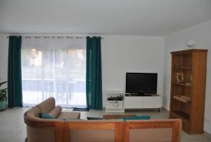 een woonkamer met een bank en een tv bij Le Chantoiseau in Unieux