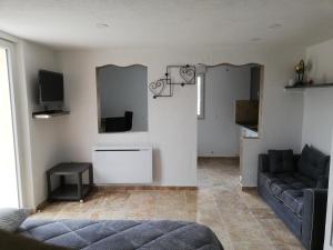 uma sala de estar com um sofá e uma televisão em Appartement au calme et belle terrasse em Peyroules