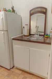 La cuisine est équipée d'un évier et d'un réfrigérateur blanc. dans l'établissement Cozy private Guest House, à Los Angeles