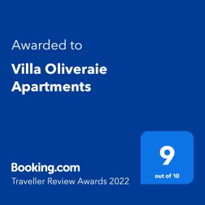 Sertifikat, penghargaan, tanda, atau dokumen yang dipajang di Villa Oliveraie Apartments