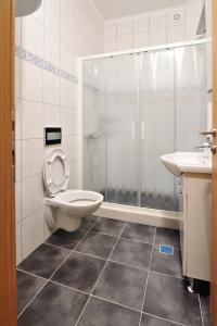 Un baño con inodoro, ducha y lavabo. en Apartments Old Bridge, en Mostar 45 fotos más