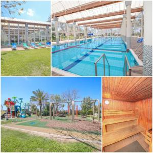 a collage of photos with a pool and a playground at מול הים בקיסריה1 in Caesarea