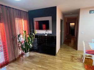 ein Wohnzimmer mit einer Küche und einem Esszimmer in der Unterkunft Studio Bauhaus in Čačak