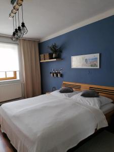a bedroom with two beds and a blue wall at Blumenhof Floraswelten in Altenwörth