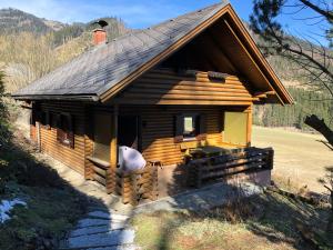 eine Blockhütte mit einem Hund, der davor sitzt in der Unterkunft Ferienhaus Parschlug in Parschlug