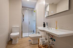 een badkamer met een toilet, een wastafel en een douche bij Puerta Real Centro Apartment in Granada +13 foto's
