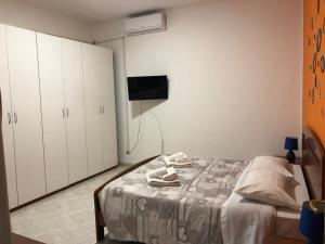 1 dormitorio con 1 cama, TV y armarios blancos en Rosy House, en Gaeta