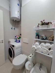 a bathroom with a toilet and a washing machine at Valamar ED Apartment in Hamallë +17 photos
