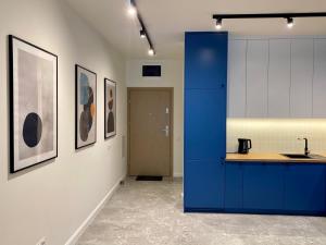 a kitchen with a blue cabinet and paintings on the wall at Nautica Resort by Q4Apartments in Giżycko