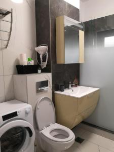 ein Badezimmer mit Toilette, Waschbecken und Waschmaschine in der Unterkunft Promenada Beach Residence in Mamaia Nord – Năvodari + 92 Fotos
