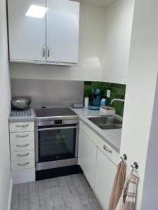een kleine keuken met witte kasten en een wastafel bij Queens Romantic Beachhouse in Zandvoort
