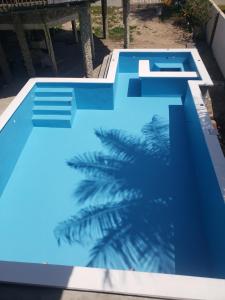 a blue swimming pool next to a palm tree at Paradise Found in La Ceiba