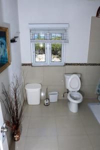 a bathroom with a toilet and a tub and a window at Redknot Manor Guest house/Hotel in Matthew Town