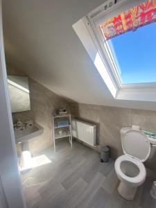 a bathroom with a toilet and a skylight at SeaClusion Barna in Barna