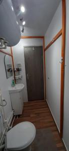 La salle de bains est pourvue de toilettes, d'un lavabo et d'une porte. dans l'établissement Casuta dintre brazi - Valea Doftanei - 2 camere, à Valea Doftanei