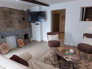 a living room with a fireplace and a tv at La Ferme des Sottais in Burg-Reuland