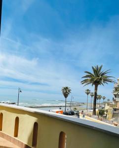 widok na plażę z palmami i ocean w obiekcie Mirage Rooms w Anzio