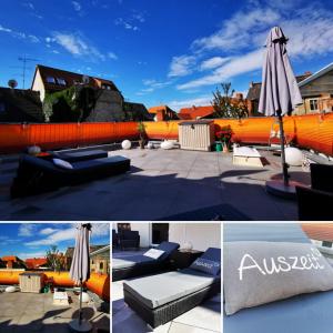 eine Collage mit Fotos einer Terrasse mit einem Sonnenschirm in der Unterkunft Ferienwohnungen Am Rathaus und No11 in Havelberg