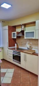 a kitchen with white cabinets and a stove top oven at WROCLOVE_NET MUCHOBOR in Wrocław