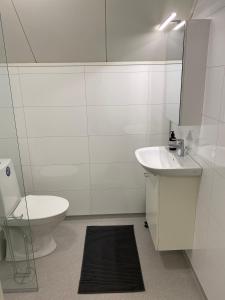 een witte badkamer met een toilet en een wastafel bij Hangvar Skola Geografisalen in Lärbro