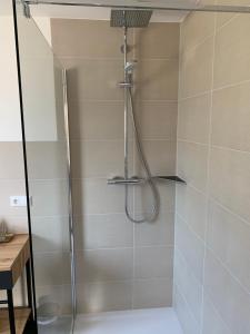 a shower with a glass door in a bathroom at Ferienwohnung I Beck-Bräu nahe Bamberg in Lisberg