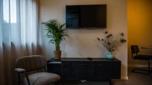 een woonkamer met 2 stoelen en een tv aan de muur bij Appartement - Kon Emmaweg 26 Vrouwenpolder 'Uitspanning Oranjezon' in Vrouwenpolder