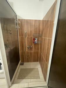 una doccia con una porta in vetro in un bagno di Apartman Prima Sombor a Sombor Altre 16 foto