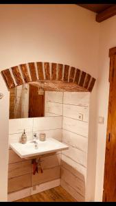 a bathroom with a sink and a mirror at Penzion, Restaurace Jaro Věšín Brdy in Rožmitál pod Třemšínem